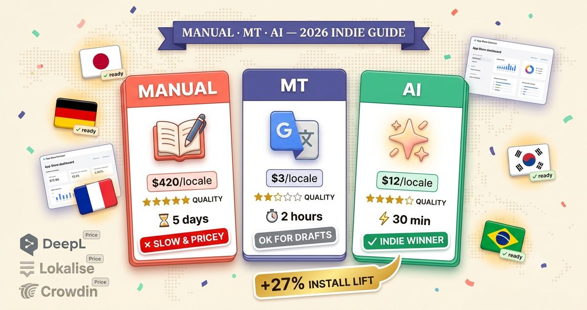 Manual vs MT vs AI App Store Screenshot Localization: 2026 Cost & Quality Guide